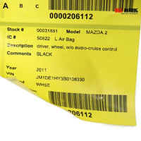 2011-2013 Mazda 2 Driver Side Steering Wheel Air Bag Black 31881